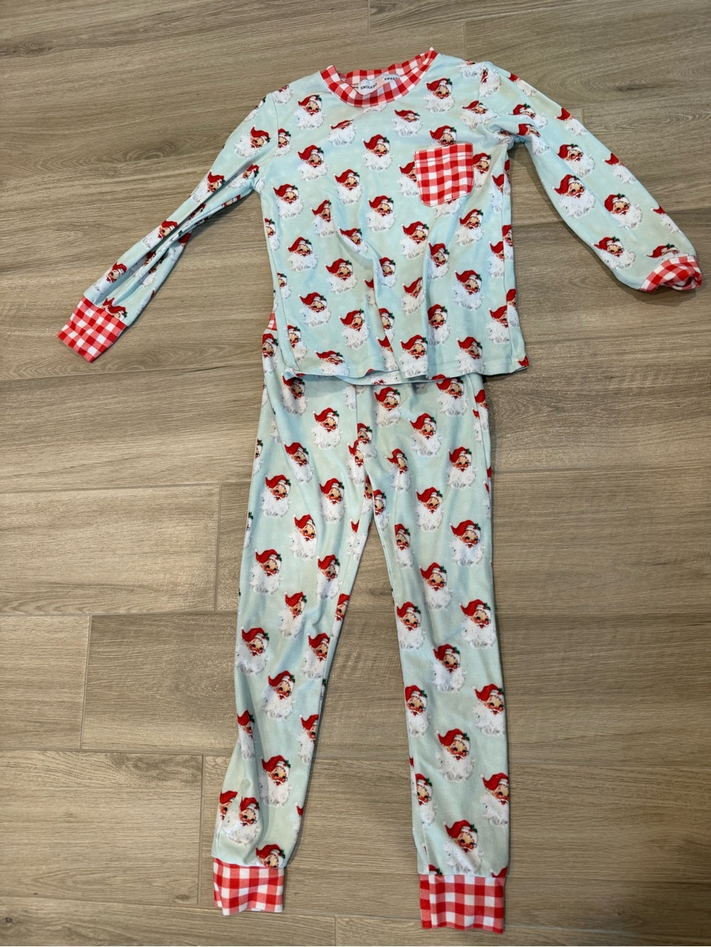 Size 6 Kids smocked sweets Santa Print Pajama Set with Red Gingham Accents